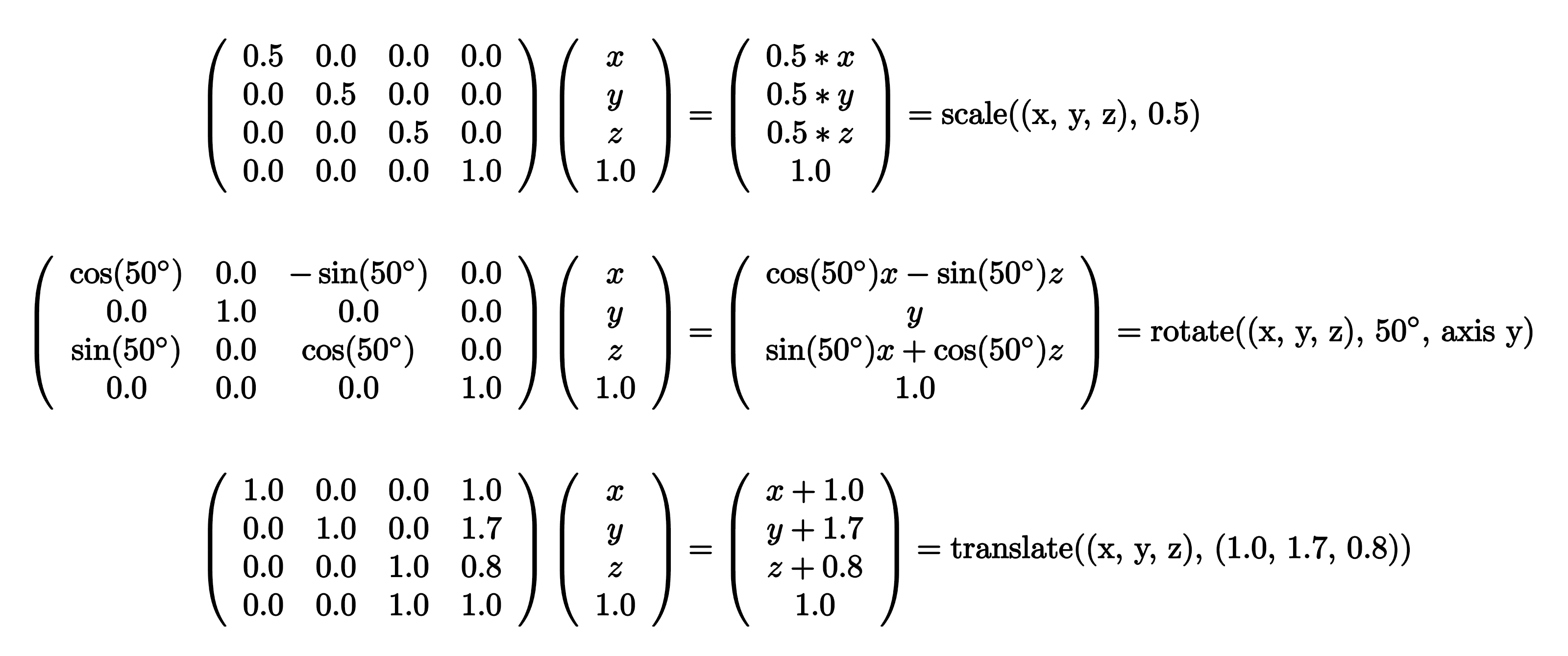 Examples of transformation matrices
